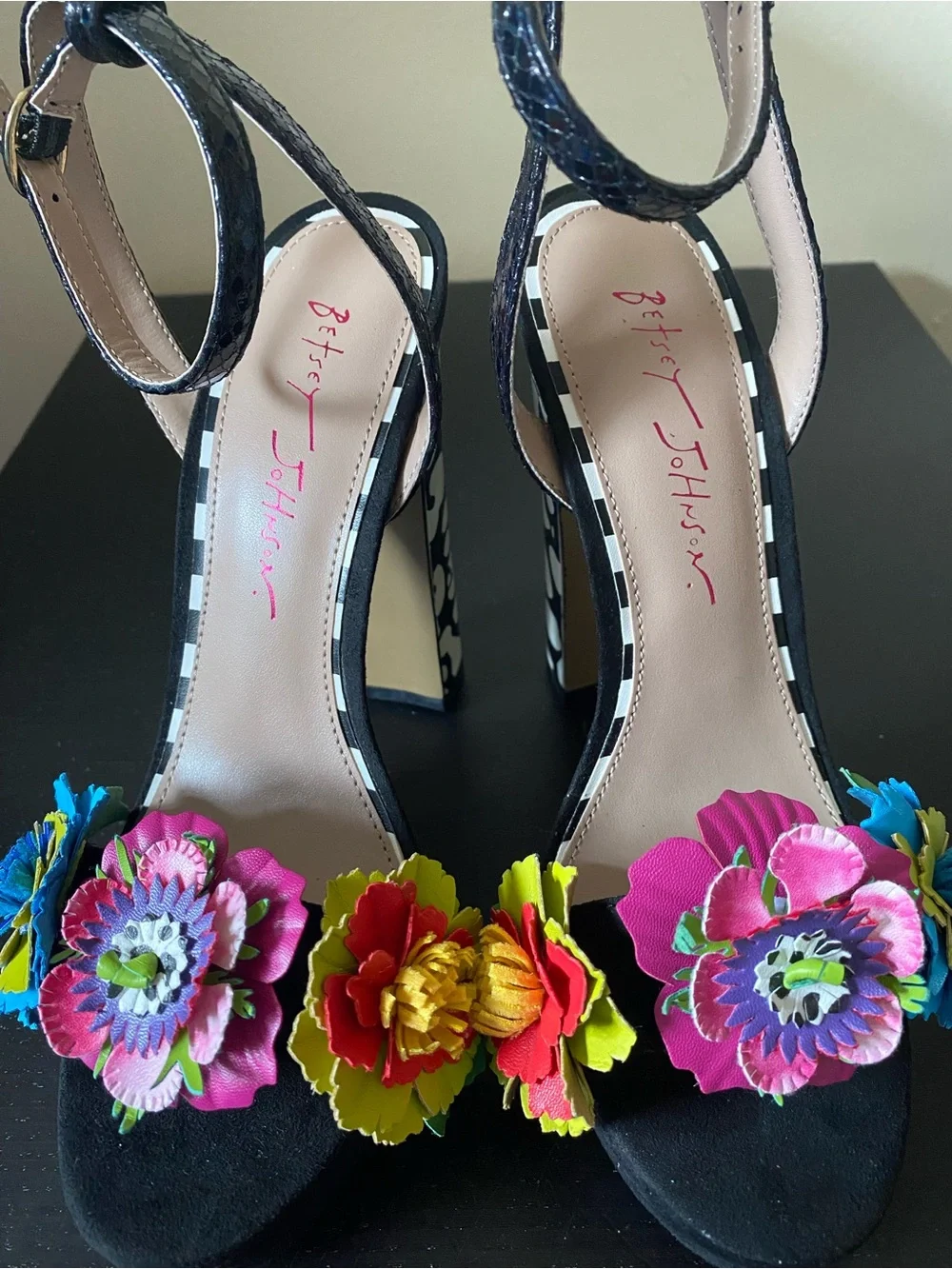 Betsey Johnson Black Platform Heels with Multicolor Floral Appliqués